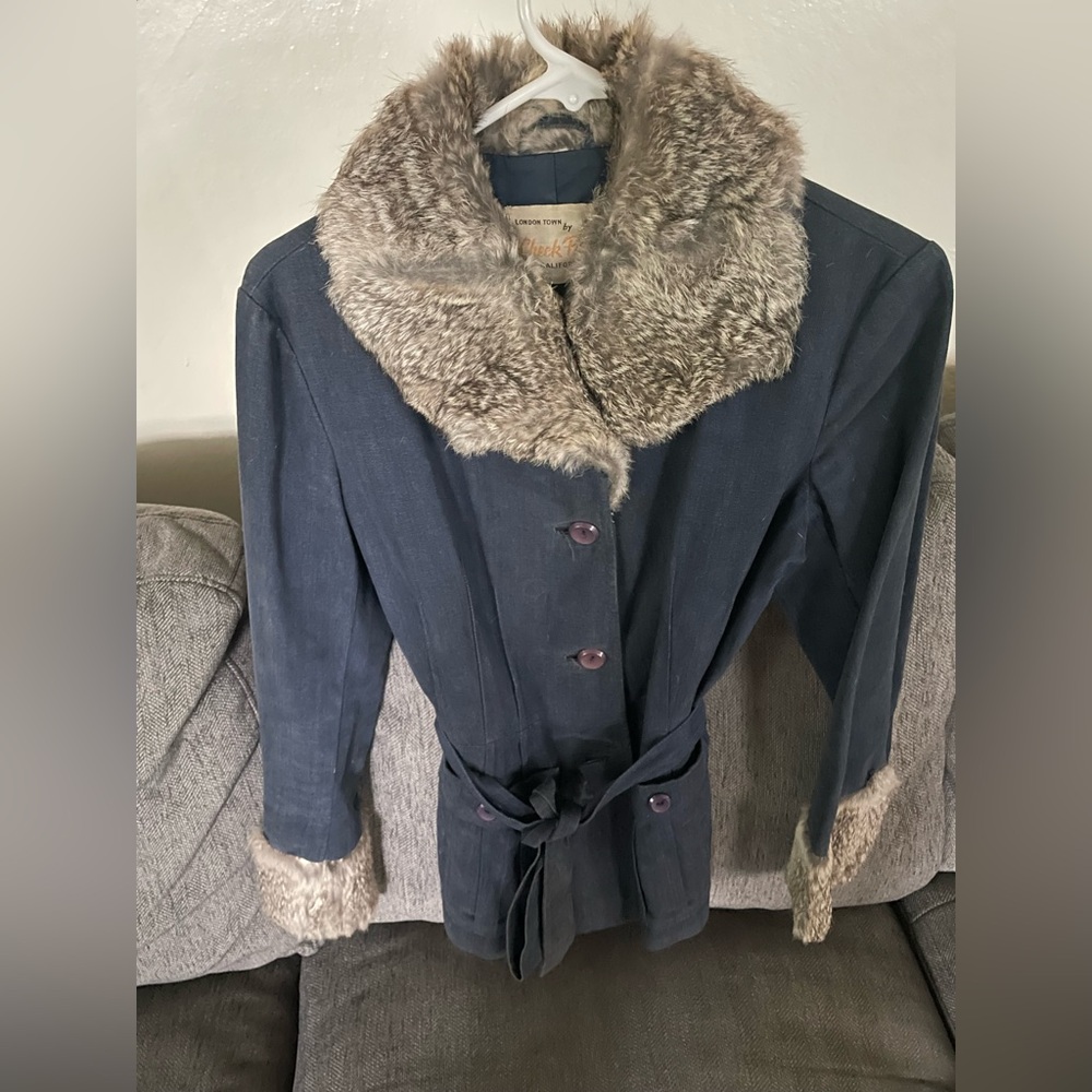 Vintage Check Point Denim Coat with Rabbit fur trim. Sm- Medium fit